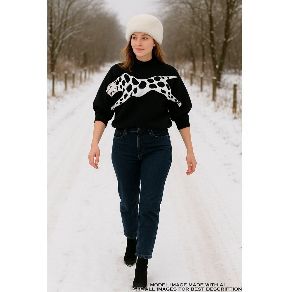 Vintage Snow Leopard Sweater S Oversized Faux Leather Embroidered 80s Rave Club